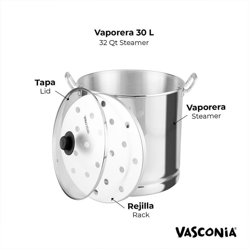 Vasconia 32-Quart Steamer Pot (Aluminum) with Tray & Glass Lid - For Most Stoves (Hand-Wash only) Large Stock Pot for Tamales, Steaming, Boiling & Frying - Makes Seafood, Pasta, Vegetables & More - Image 3